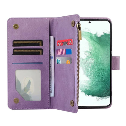 For Samsung Galaxy S21 5G / S21 4G Case 9 Card Slots Zipper Pocket Phone Cover with Wrist+Shoulder Straps