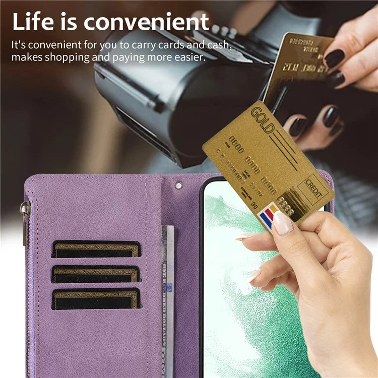 For Samsung Galaxy S21 5G / S21 4G Case 9 Card Slots Zipper Pocket Phone Cover with Wrist+Shoulder Straps