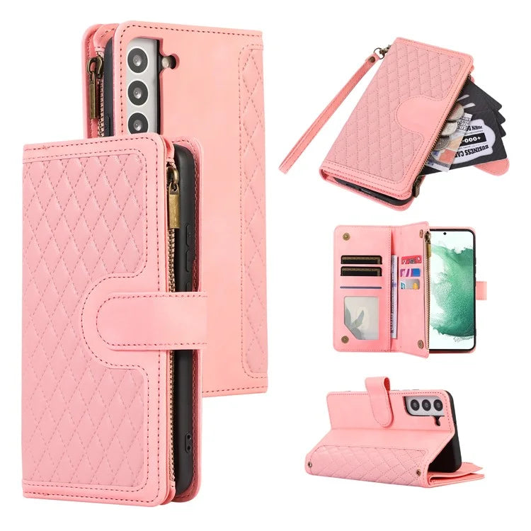 For Samsung Galaxy S21 5G / S21 4G Case 9 Card Slots Zipper Pocket Phone Cover with Wrist+Shoulder Straps