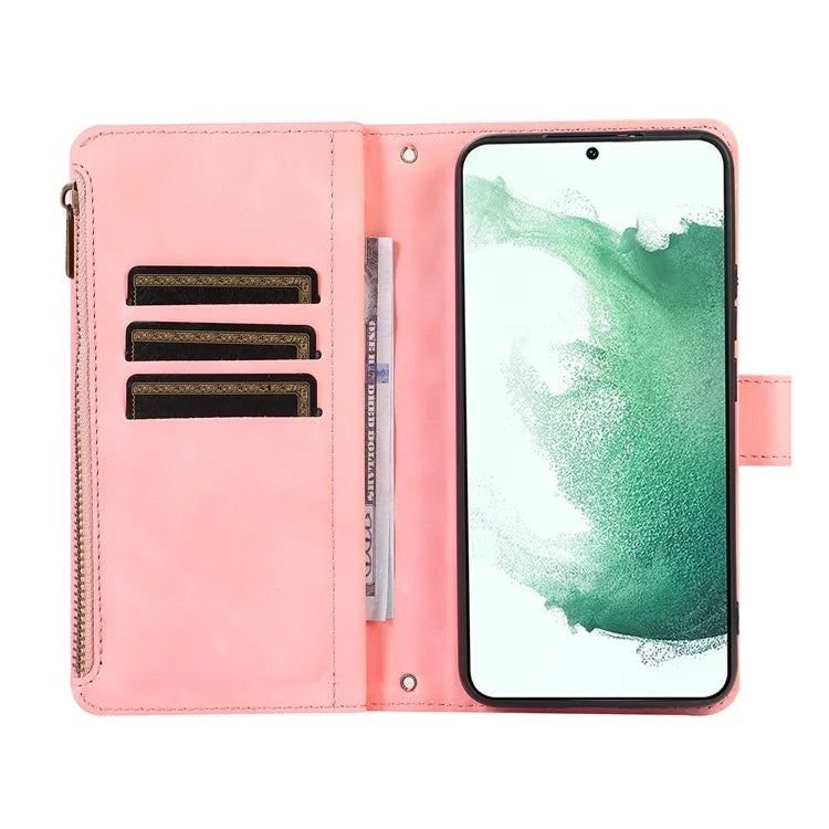 For Samsung Galaxy S21 5G / S21 4G Case 9 Card Slots Zipper Pocket Phone Cover with Wrist+Shoulder Straps