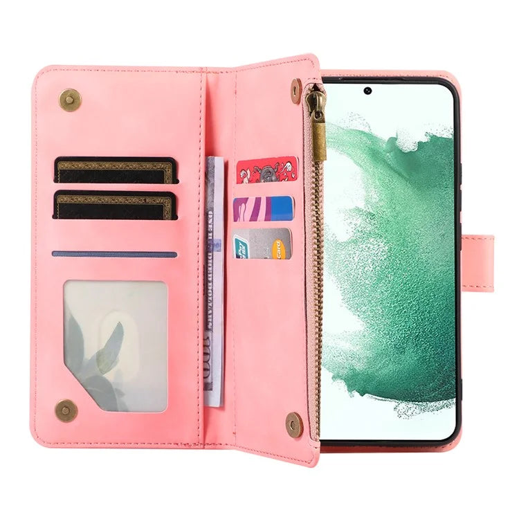 For Samsung Galaxy S21 5G / S21 4G Case 9 Card Slots Zipper Pocket Phone Cover with Wrist+Shoulder Straps