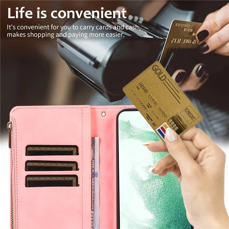For Samsung Galaxy S21 5G / S21 4G Case 9 Card Slots Zipper Pocket Phone Cover with Wrist+Shoulder Straps