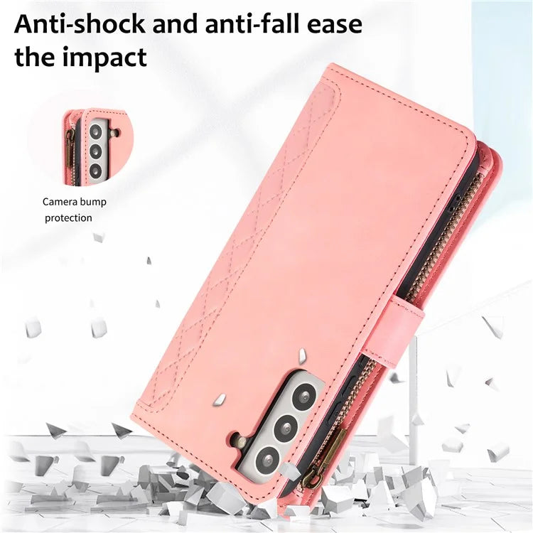 For Samsung Galaxy S21 5G / S21 4G Case 9 Card Slots Zipper Pocket Phone Cover with Wrist+Shoulder Straps