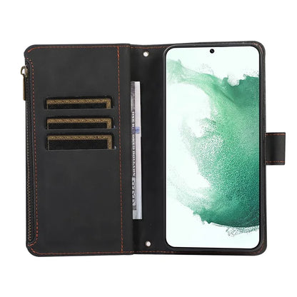 For Samsung Galaxy S21 5G / S21 4G Case 9 Card Slots Zipper Pocket Phone Cover with Wrist+Shoulder Straps