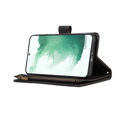 For Samsung Galaxy S21 5G / S21 4G Case 9 Card Slots Zipper Pocket Phone Cover with Wrist+Shoulder Straps