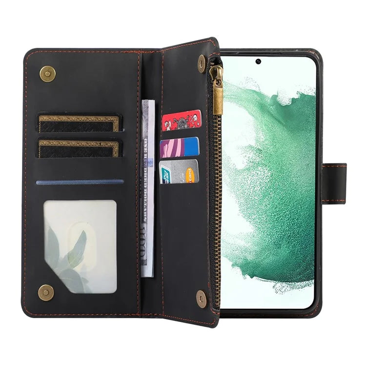 For Samsung Galaxy S21 5G / S21 4G Case 9 Card Slots Zipper Pocket Phone Cover with Wrist+Shoulder Straps
