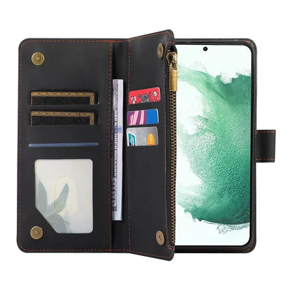 For Samsung Galaxy S21 5G / S21 4G Case 9 Card Slots Zipper Pocket Phone Cover with Wrist+Shoulder Straps