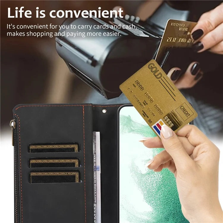 For Samsung Galaxy S21 5G / S21 4G Case 9 Card Slots Zipper Pocket Phone Cover with Wrist+Shoulder Straps