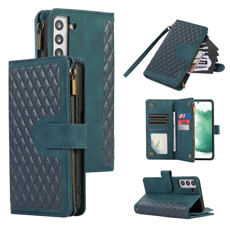 For Samsung Galaxy S21 5G / S21 4G Case 9 Card Slots Zipper Pocket Phone Cover with Wrist+Shoulder Straps