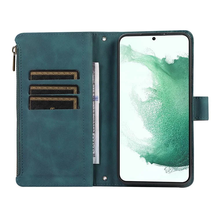 For Samsung Galaxy S21 5G / S21 4G Case 9 Card Slots Zipper Pocket Phone Cover with Wrist+Shoulder Straps