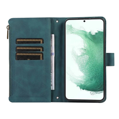 For Samsung Galaxy S21 5G / S21 4G Case 9 Card Slots Zipper Pocket Phone Cover with Wrist+Shoulder Straps