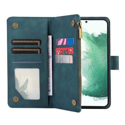 For Samsung Galaxy S21 5G / S21 4G Case 9 Card Slots Zipper Pocket Phone Cover with Wrist+Shoulder Straps