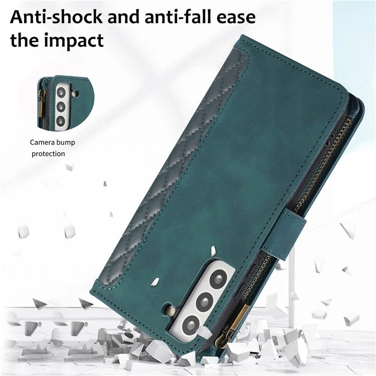 For Samsung Galaxy S21 5G / S21 4G Case 9 Card Slots Zipper Pocket Phone Cover with Wrist+Shoulder Straps