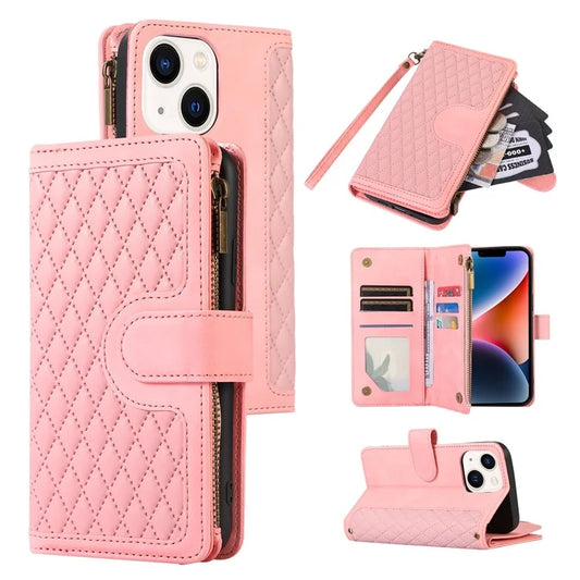 For iPhone 13 6.1 inch Magnetic Case 9 Card Slots Zipper Pocket Phone Cover with Wrist Strap