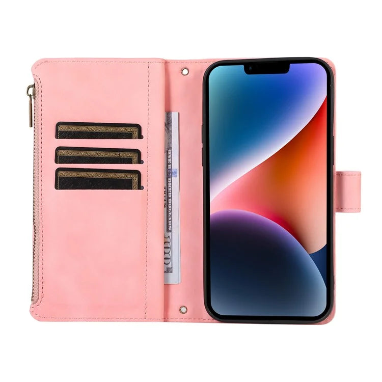 For iPhone 13 6.1 inch Magnetic Case 9 Card Slots Zipper Pocket Phone Cover with Wrist Strap