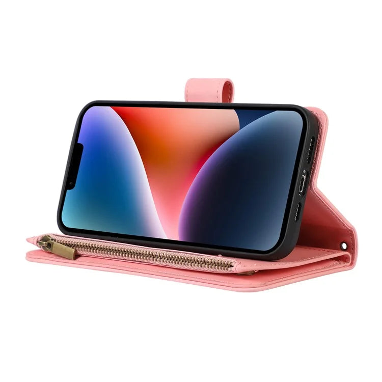 For iPhone 13 6.1 inch Magnetic Case 9 Card Slots Zipper Pocket Phone Cover with Wrist Strap