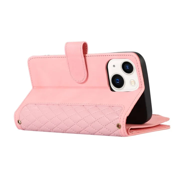 For iPhone 13 6.1 inch Magnetic Case 9 Card Slots Zipper Pocket Phone Cover with Wrist Strap