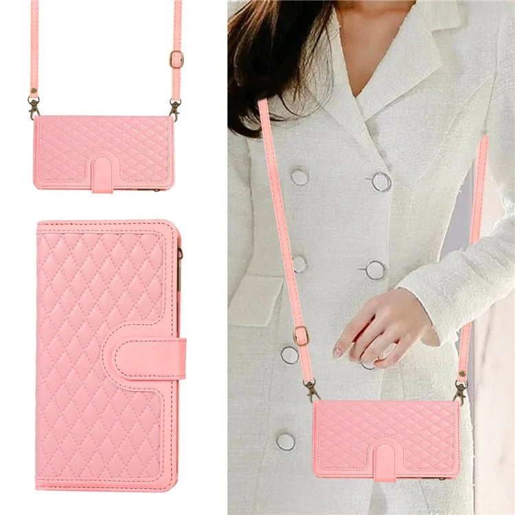 For iPhone 13 6.1 inch Magnetic Case 9 Card Slots Zipper Pocket Phone Cover with Wrist Strap