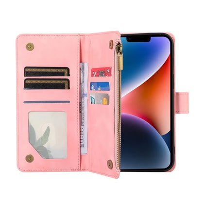 For iPhone 13 6.1 inch Magnetic Case 9 Card Slots Zipper Pocket Phone Cover with Wrist Strap
