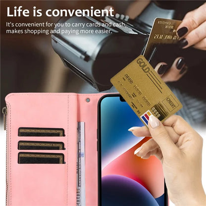 For iPhone 13 6.1 inch Magnetic Case 9 Card Slots Zipper Pocket Phone Cover with Wrist Strap