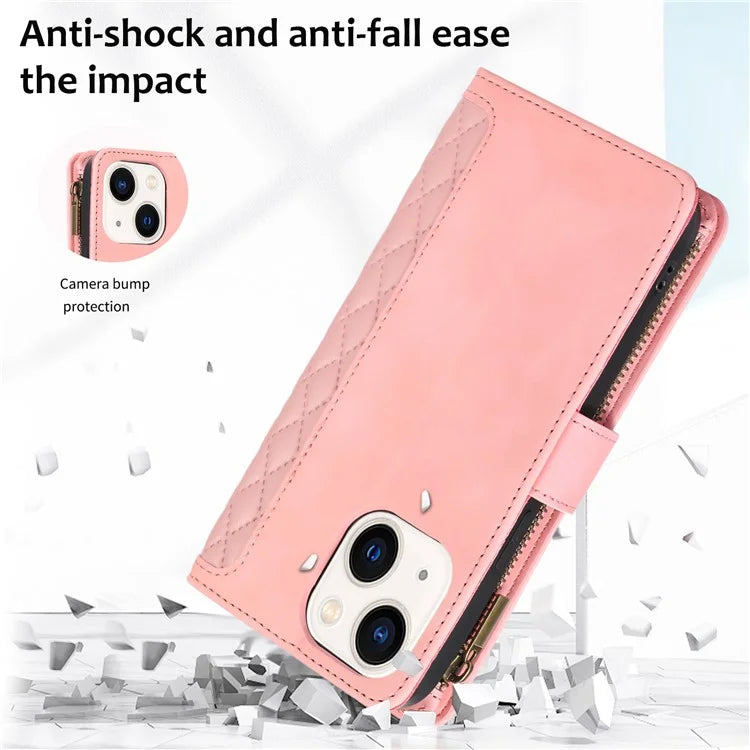For iPhone 13 6.1 inch Magnetic Case 9 Card Slots Zipper Pocket Phone Cover with Wrist Strap