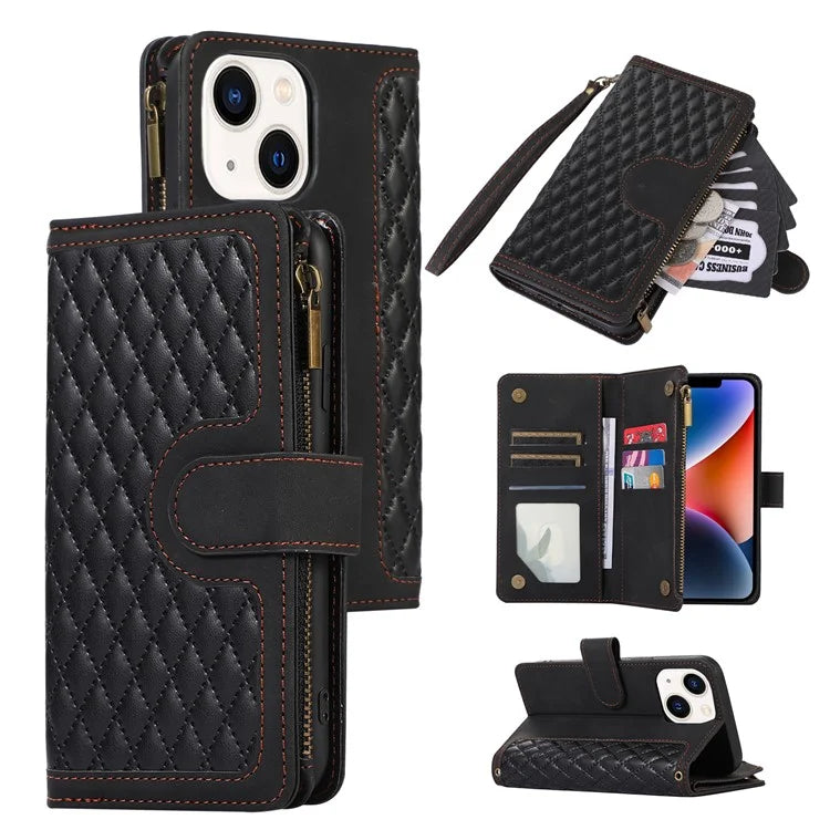 For iPhone 13 6.1 inch Magnetic Case 9 Card Slots Zipper Pocket Phone Cover with Wrist Strap