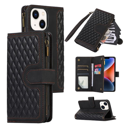 For iPhone 13 6.1 inch Magnetic Case 9 Card Slots Zipper Pocket Phone Cover with Wrist Strap