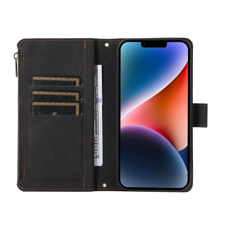 For iPhone 13 6.1 inch Magnetic Case 9 Card Slots Zipper Pocket Phone Cover with Wrist Strap