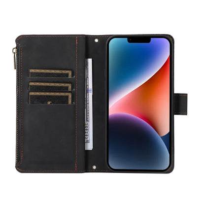 For iPhone 13 6.1 inch Magnetic Case 9 Card Slots Zipper Pocket Phone Cover with Wrist Strap