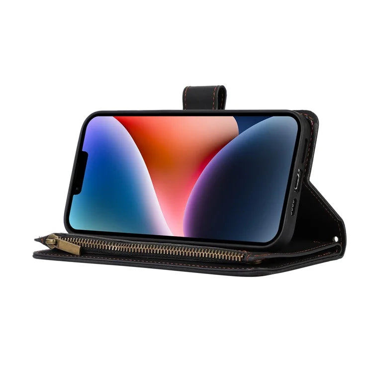 For iPhone 13 6.1 inch Magnetic Case 9 Card Slots Zipper Pocket Phone Cover with Wrist Strap