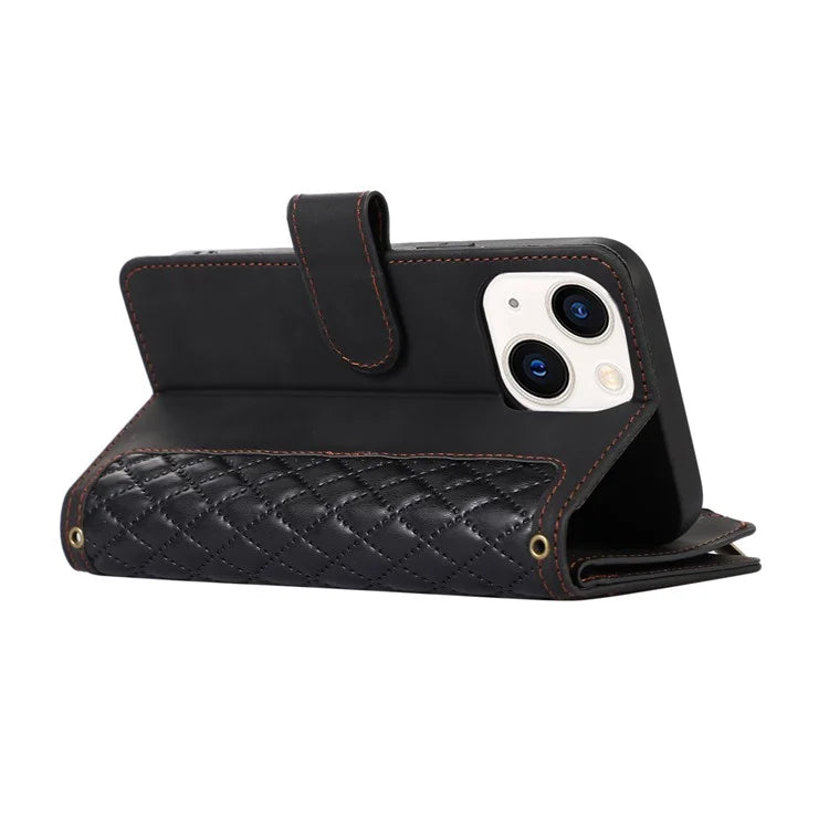 For iPhone 13 6.1 inch Magnetic Case 9 Card Slots Zipper Pocket Phone Cover with Wrist Strap