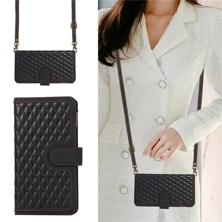 For iPhone 13 6.1 inch Magnetic Case 9 Card Slots Zipper Pocket Phone Cover with Wrist Strap