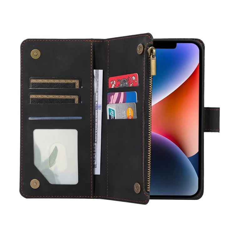 For iPhone 13 6.1 inch Magnetic Case 9 Card Slots Zipper Pocket Phone Cover with Wrist Strap