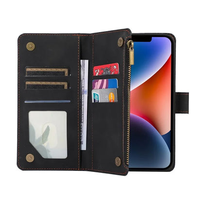 For iPhone 13 6.1 inch Magnetic Case 9 Card Slots Zipper Pocket Phone Cover with Wrist Strap