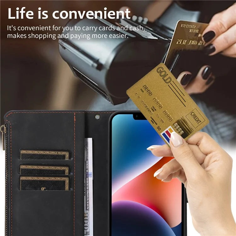 For iPhone 13 6.1 inch Magnetic Case 9 Card Slots Zipper Pocket Phone Cover with Wrist Strap