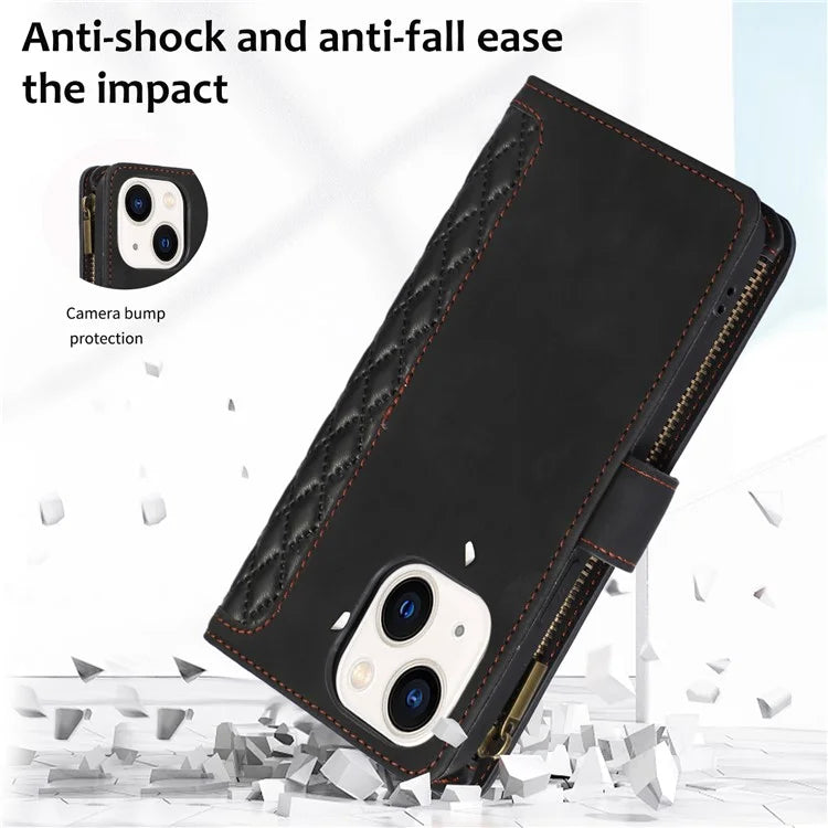 For iPhone 13 6.1 inch Magnetic Case 9 Card Slots Zipper Pocket Phone Cover with Wrist Strap