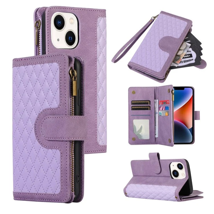 For iPhone 13 6.1 inch Magnetic Case 9 Card Slots Zipper Pocket Phone Cover with Wrist Strap