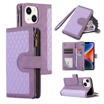 For iPhone 13 6.1 inch Magnetic Case 9 Card Slots Zipper Pocket Phone Cover with Wrist Strap