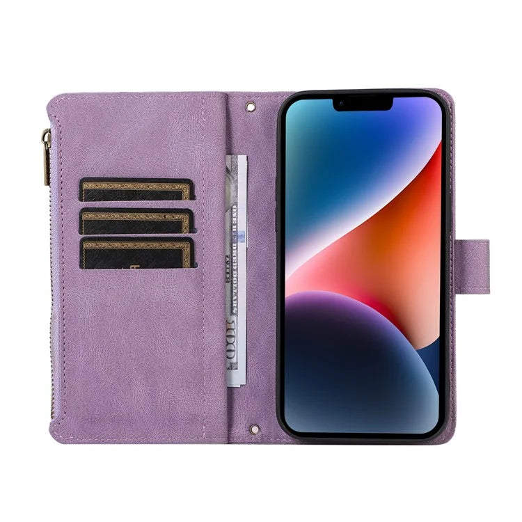 For iPhone 13 6.1 inch Magnetic Case 9 Card Slots Zipper Pocket Phone Cover with Wrist Strap