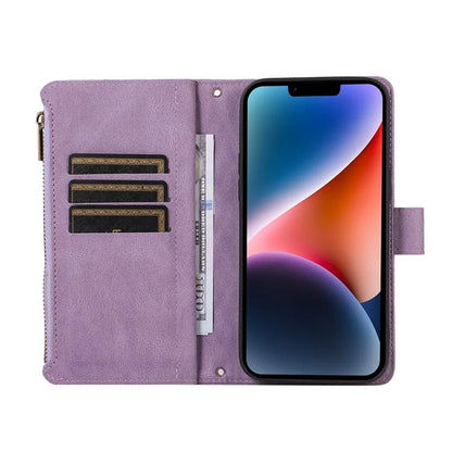 For iPhone 13 6.1 inch Magnetic Case 9 Card Slots Zipper Pocket Phone Cover with Wrist Strap