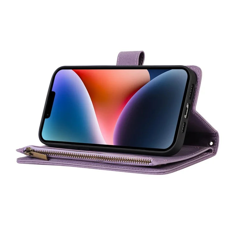 For iPhone 13 6.1 inch Magnetic Case 9 Card Slots Zipper Pocket Phone Cover with Wrist Strap