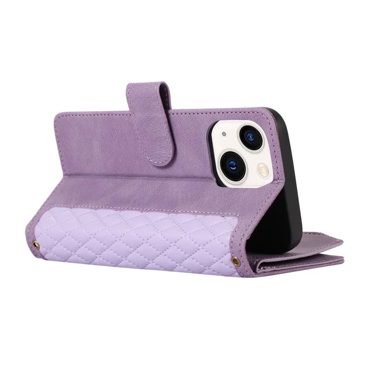 For iPhone 13 6.1 inch Magnetic Case 9 Card Slots Zipper Pocket Phone Cover with Wrist Strap