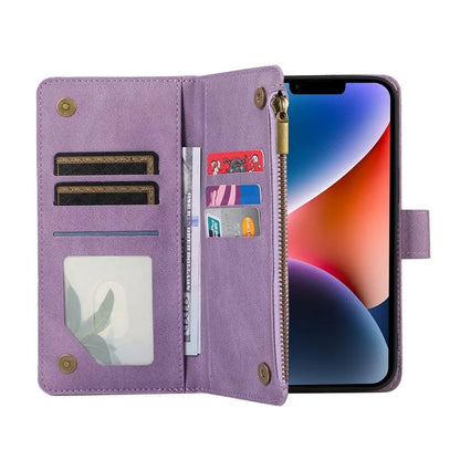 For iPhone 13 6.1 inch Magnetic Case 9 Card Slots Zipper Pocket Phone Cover with Wrist Strap