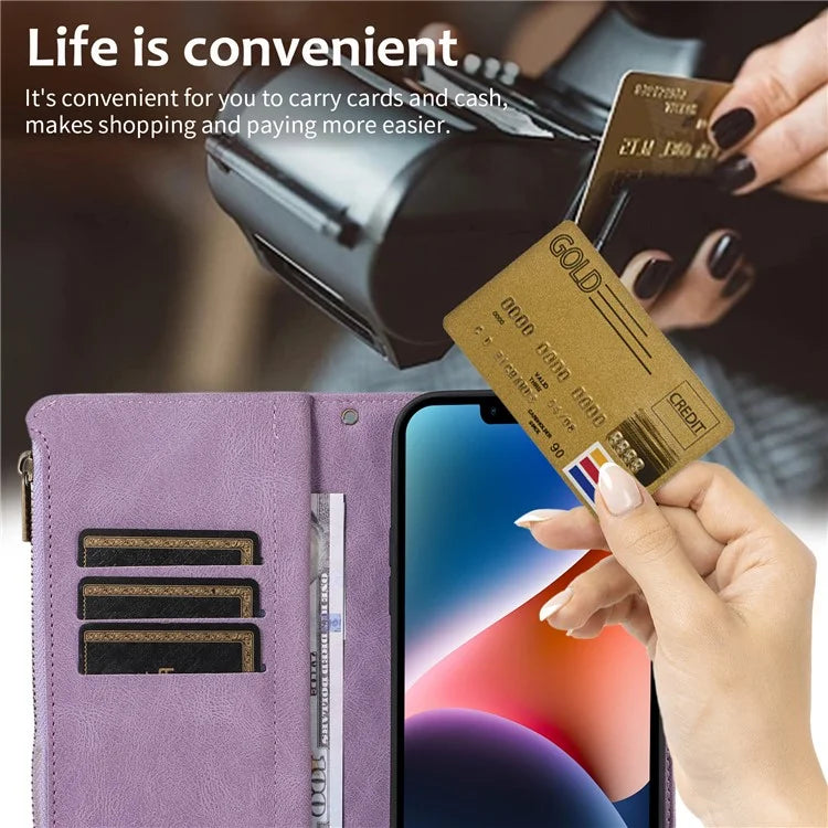 For iPhone 13 6.1 inch Magnetic Case 9 Card Slots Zipper Pocket Phone Cover with Wrist Strap