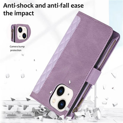 For iPhone 13 6.1 inch Magnetic Case 9 Card Slots Zipper Pocket Phone Cover with Wrist Strap