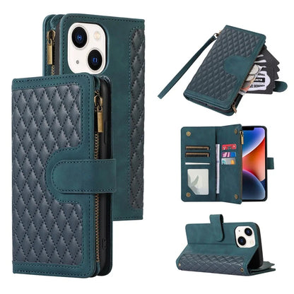 For iPhone 13 6.1 inch Magnetic Case 9 Card Slots Zipper Pocket Phone Cover with Wrist Strap