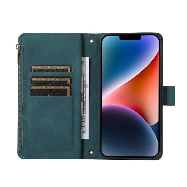 For iPhone 13 6.1 inch Magnetic Case 9 Card Slots Zipper Pocket Phone Cover with Wrist Strap
