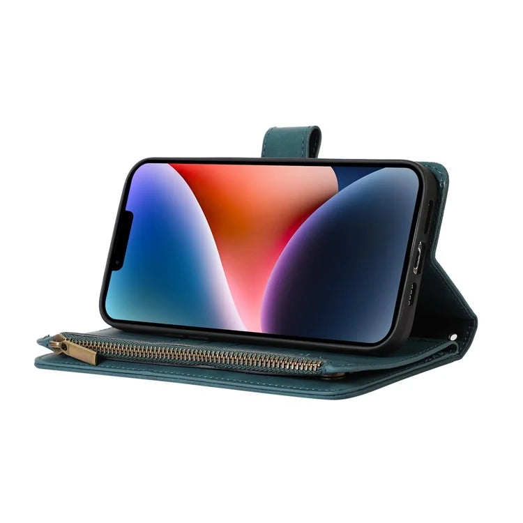 For iPhone 13 6.1 inch Magnetic Case 9 Card Slots Zipper Pocket Phone Cover with Wrist Strap