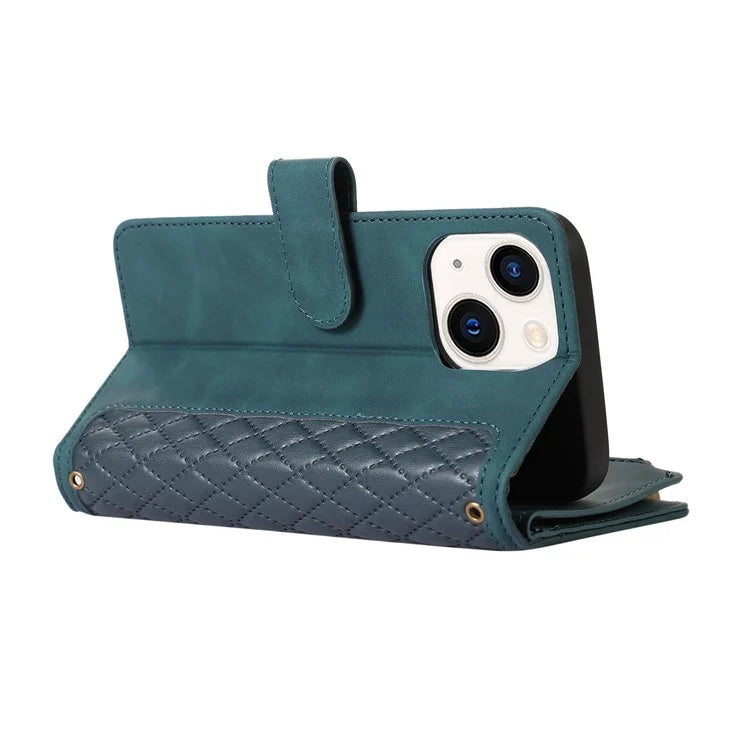 For iPhone 13 6.1 inch Magnetic Case 9 Card Slots Zipper Pocket Phone Cover with Wrist Strap