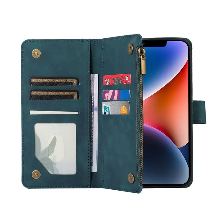 For iPhone 13 6.1 inch Magnetic Case 9 Card Slots Zipper Pocket Phone Cover with Wrist Strap